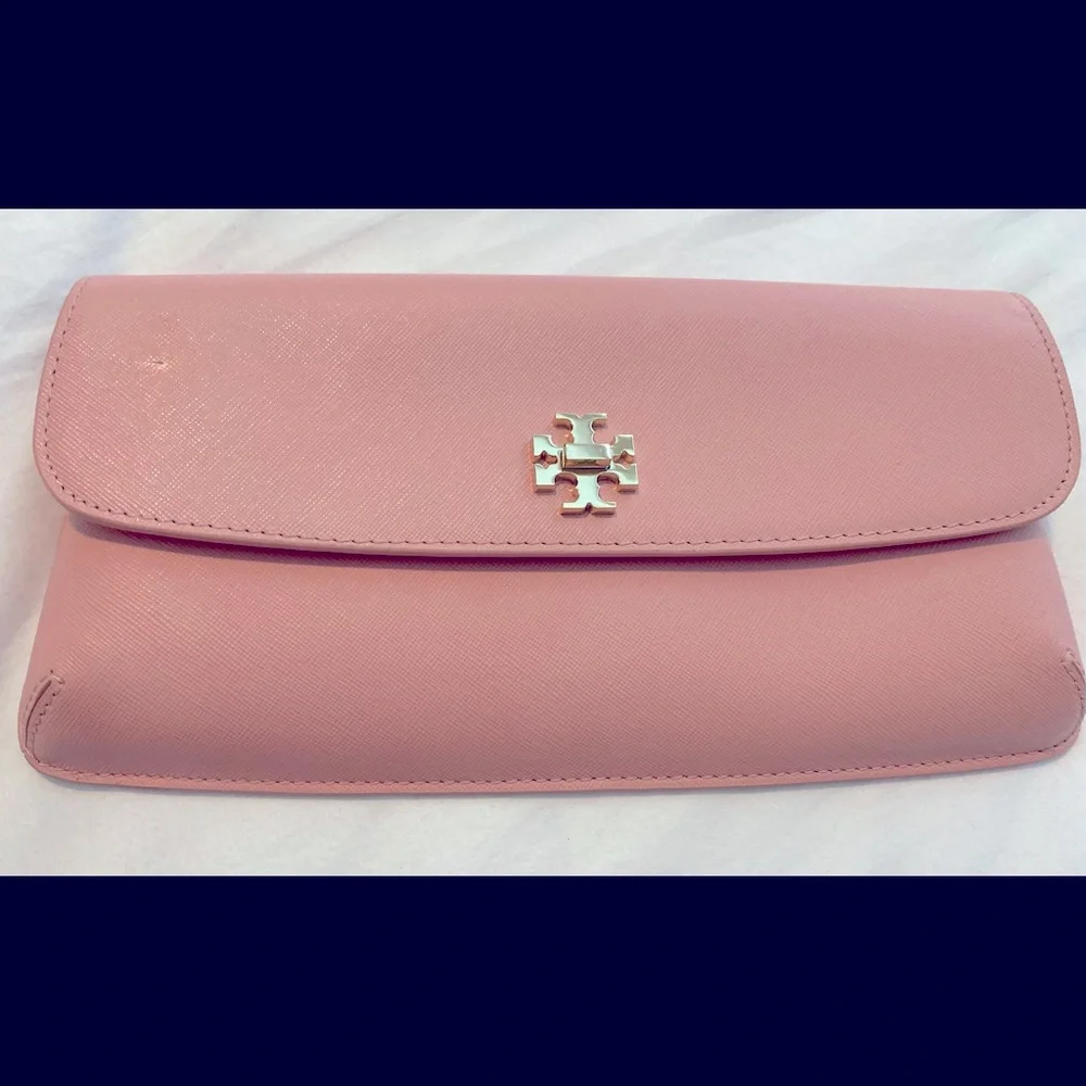Tory Burch Pink Saffiano Leather Clutch with Gold Logo